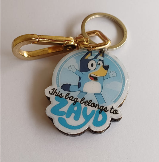Bluey themed backpack tag