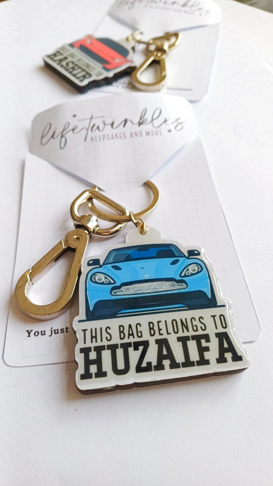 That blue car backpack tag