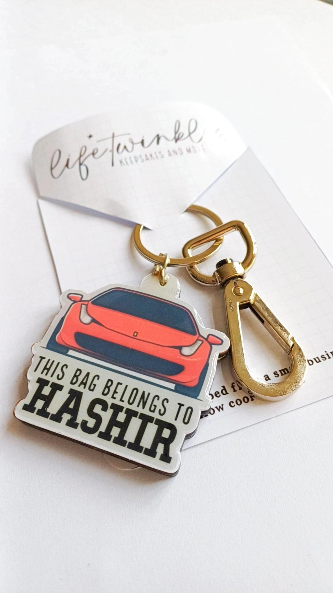 That red car backpack tag